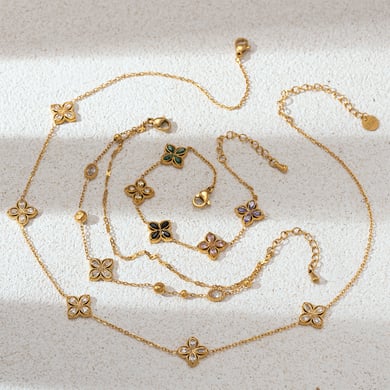 1 Piece Elegant Clover Stainless Steel Gold Color Zircon Necklaces Set h5 Picture3