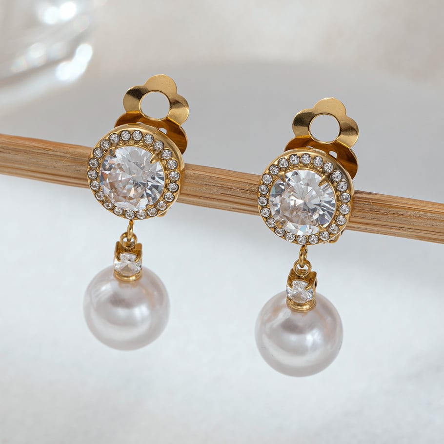 1 Pair Stainless Steel Gold Color Pearl Clip-On Earrings h5Picture3