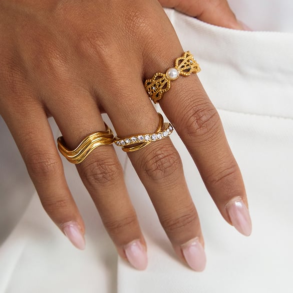 Anillos de piedras preciosas para mujer, de acero inoxidable, color dorado, modernos y ahuecados, de 1 pieza 2