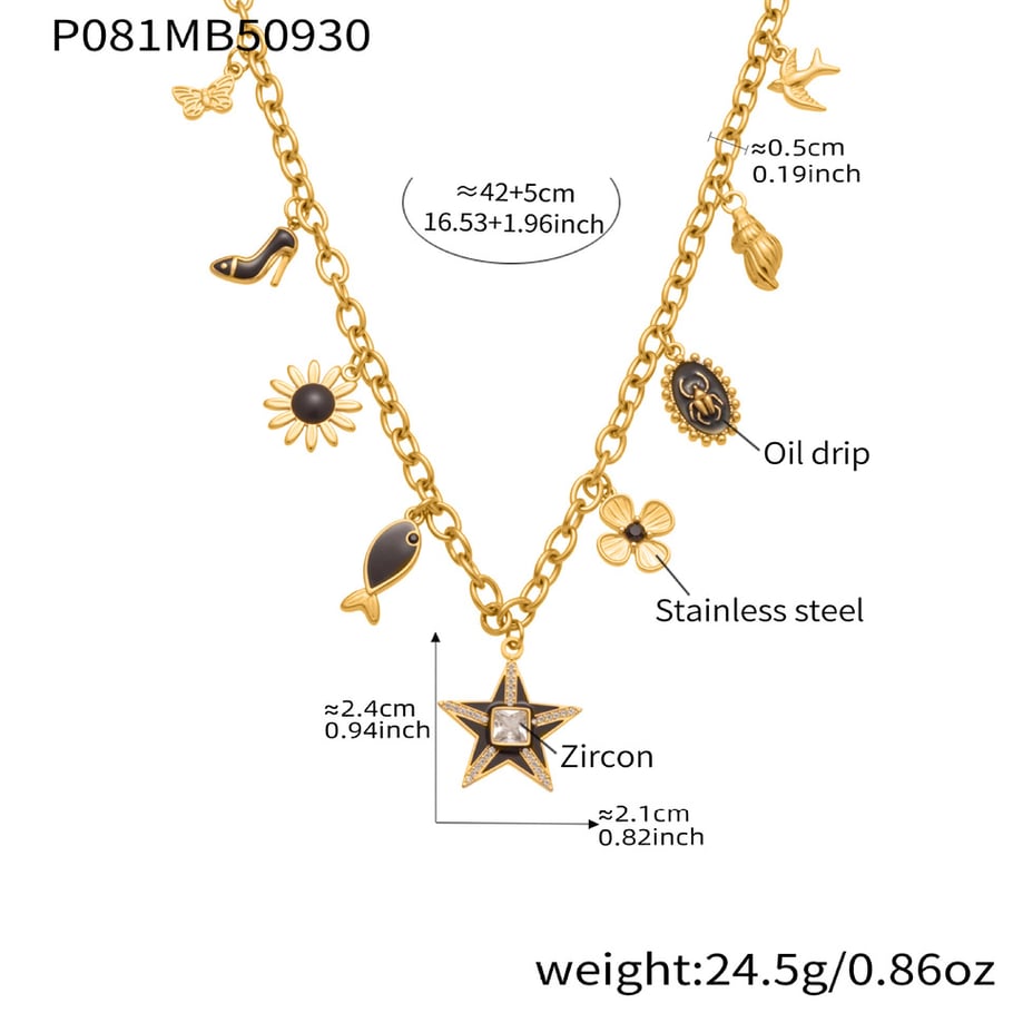 Collier avec pendentif étoile noire rétro en acier inoxydable couleur or pour femme, 1 pièce h5Image2