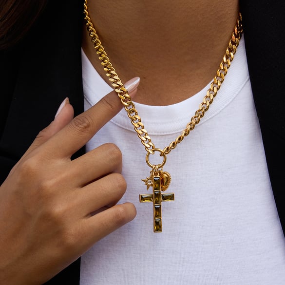 1 Piece Luxurious Cross Green Zircon Stainless Steel Gold Color Women's Pendant Necklaces
