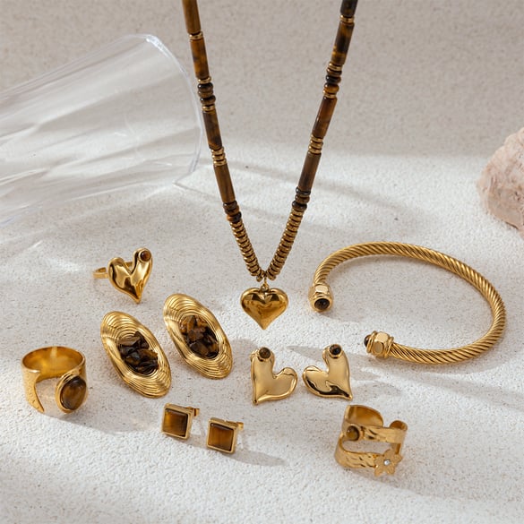 Natursteinperlen Herz Edelstahl Anhänger Halsketten Set 2
