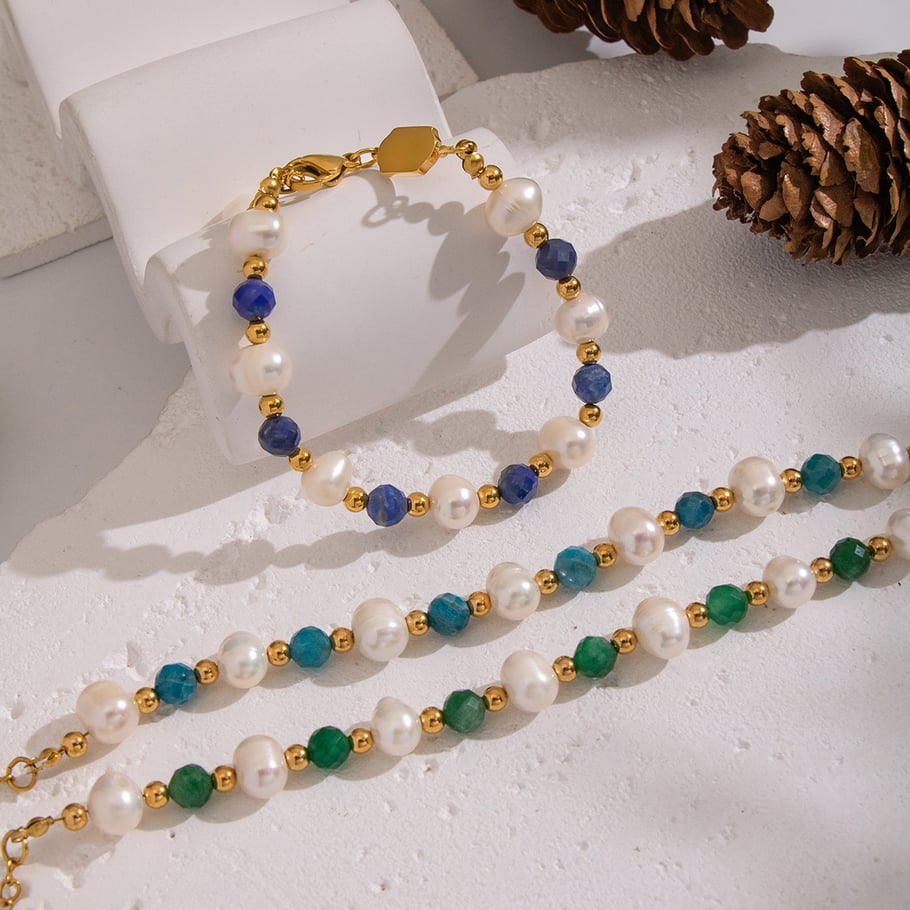 Pulsera elegante de acero inoxidable con cuentas de perlas y piedras naturales de 1 pieza h5Imagen3