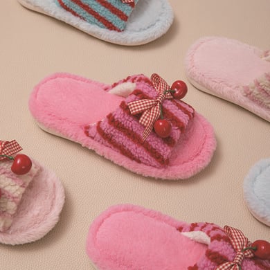 1 Pair Color-blocking Striped Bow Cherry Home Plush Slippers h5 Picture4