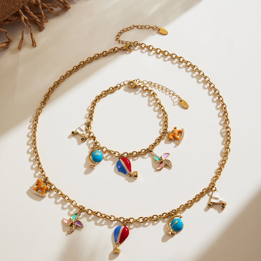 Parures de bijoux pour femmes en acier inoxydable couleur or et zircone, motif montgolfière design h5Image2