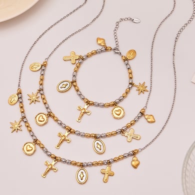 Parures de bijoux vintage en acier inoxydable pour femmes, couleurs mixtes or et argent, croix h5 Image2