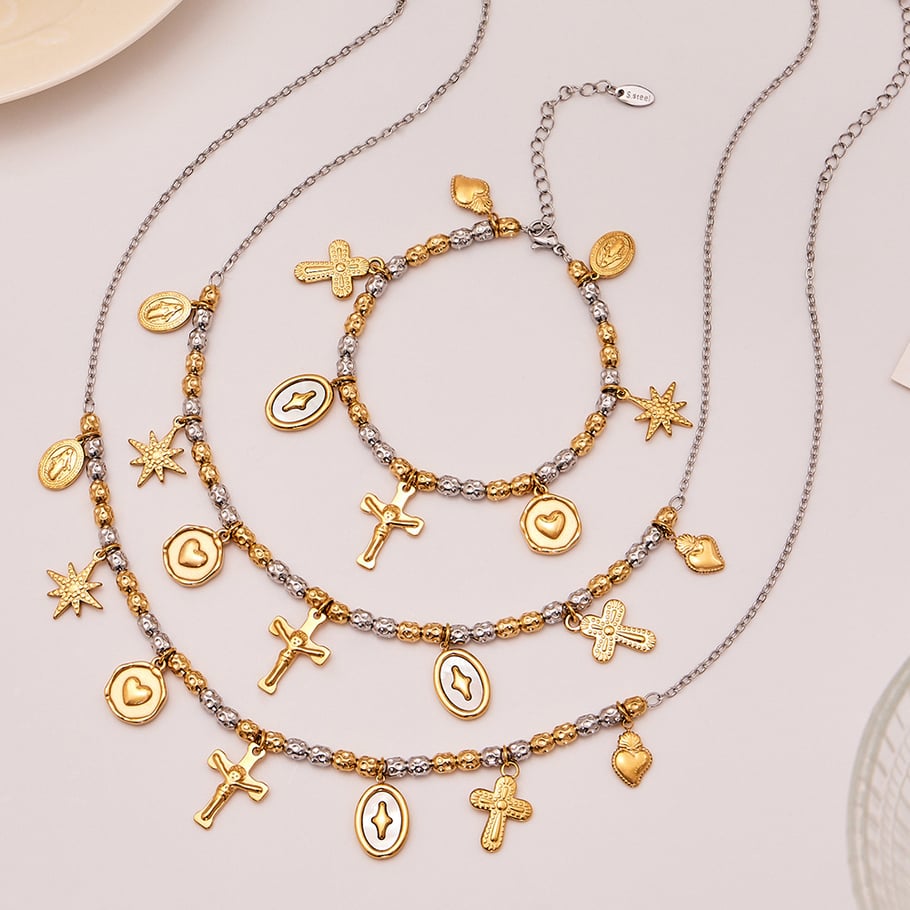 Parures de bijoux vintage en acier inoxydable pour femmes, couleurs mixtes or et argent, croix h5Image2