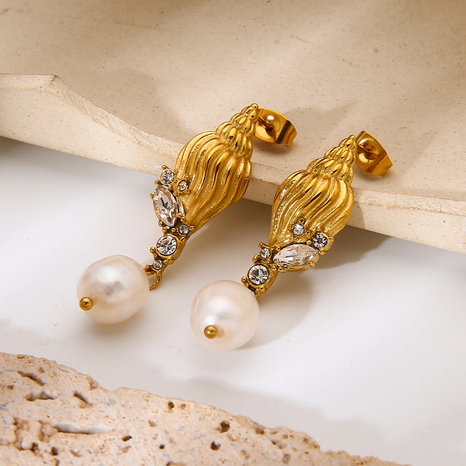 1 Pair Luxurious Retro Turtle Stainless Steel Gold Color Zircon Women's Dangle Earrings h5Picture3