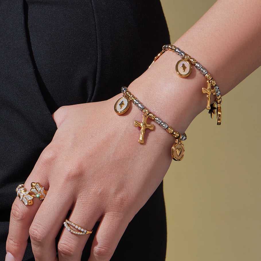 Parures de bijoux vintage en acier inoxydable pour femmes, couleurs mixtes or et argent, croix h5Image5