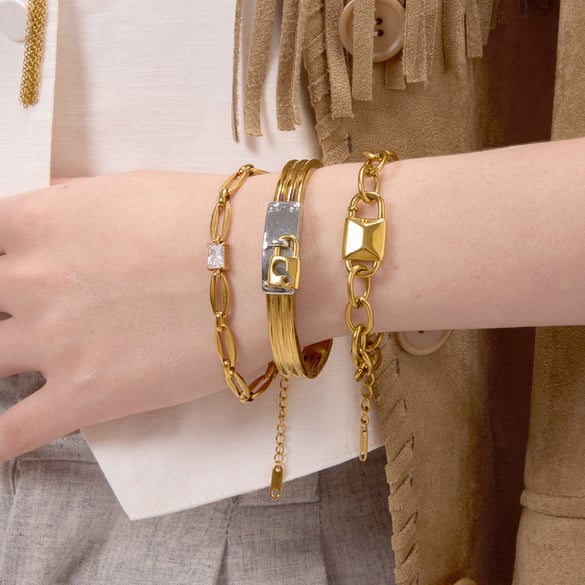 Modernes Schloss Edelstahl Gold Farbe Damen Schmuck Sets 2