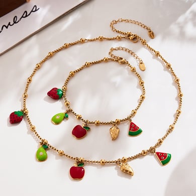 Conjuntos de joyas para mujer de acero inoxidable color dorado con forma de fruta linda de la serie Polychrome h5 Imagen3