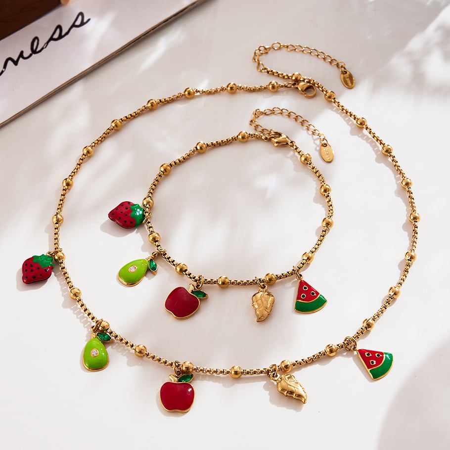 Conjuntos de joyas para mujer de acero inoxidable color dorado con forma de fruta linda de la serie Polychrome h5Imagen3