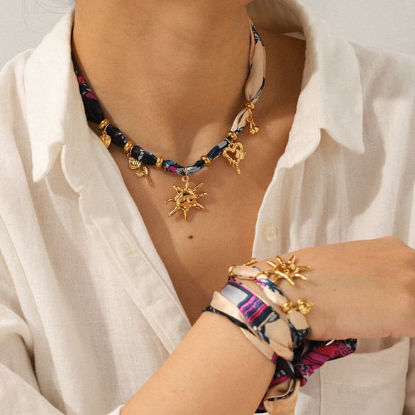 Stainless Steel Sun Gold Color Fabric Necklace Set 2