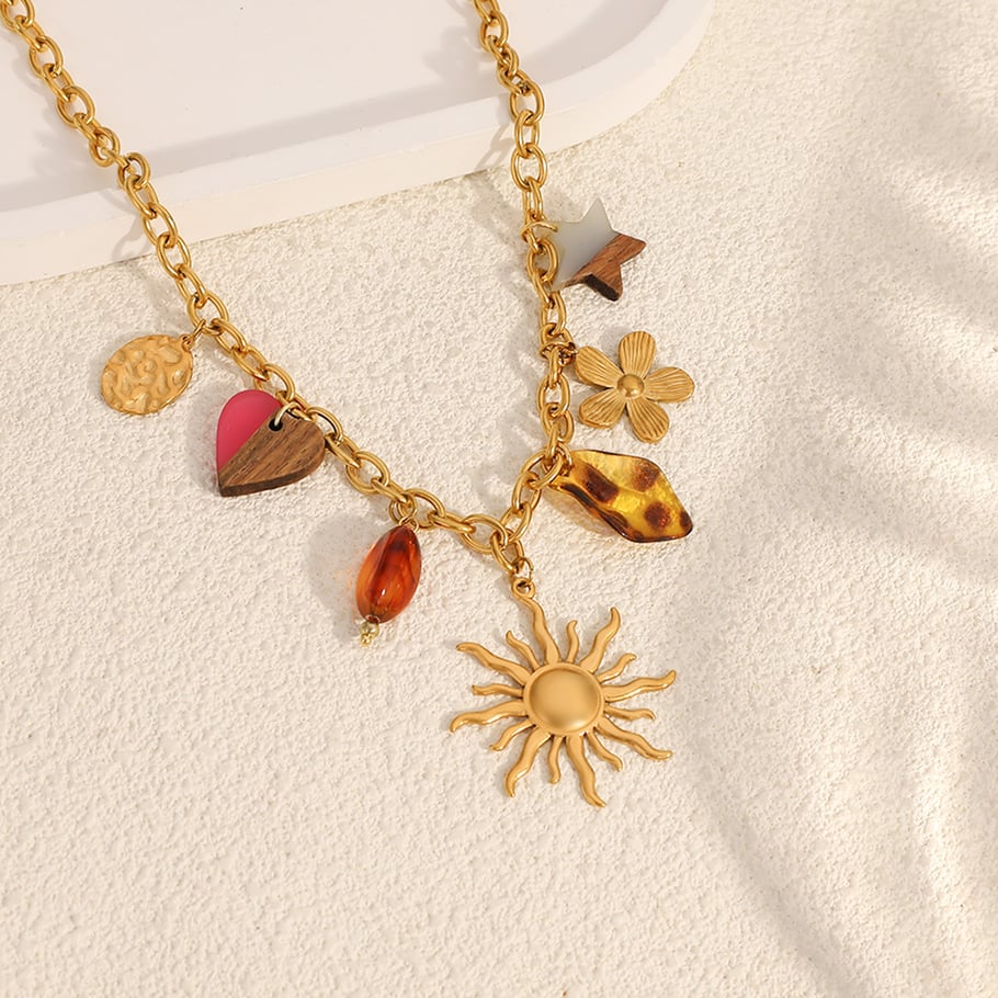 Collier avec pendentif en forme de cœur, de fleur, de soleil et d'étoile en acier inoxydable pour femme h5Image3