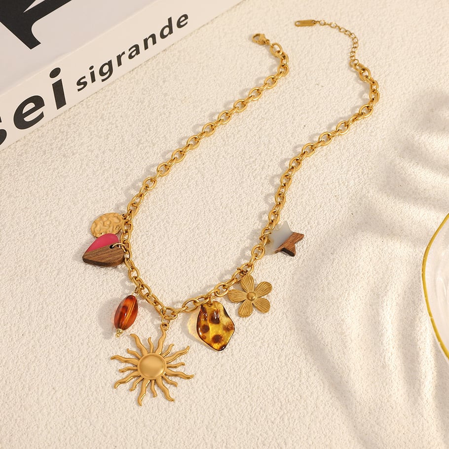 Collier avec pendentif en forme de cœur, de fleur, de soleil et d'étoile en acier inoxydable pour femme h5Image2