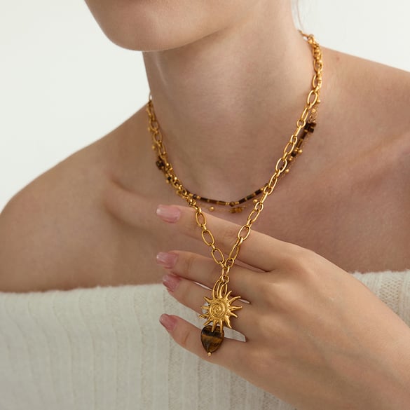 1 Piece Vintage Heart Stainless Steel Gold Color Natural Stone Women's Pendant Necklaces 2
