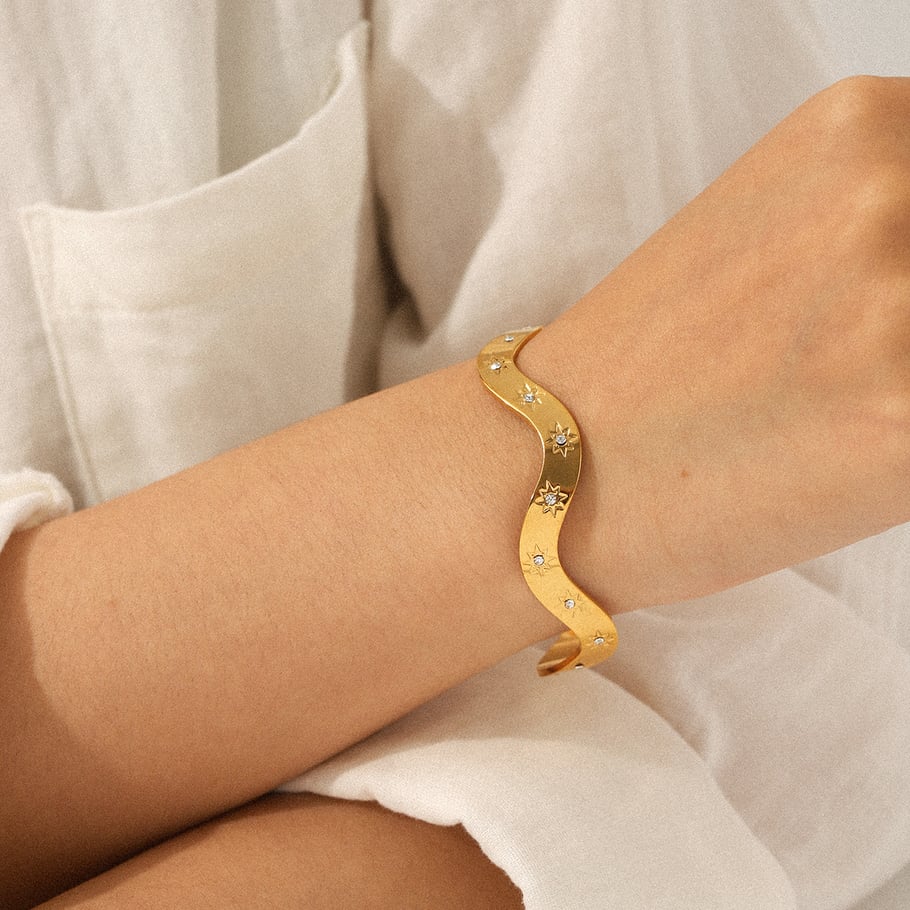 1 stuk onregelmatig gevormde ster roestvrij staal goudkleurige zirkoon manchet armband h5Afbeelding5