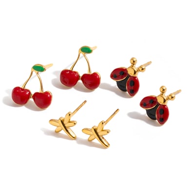 1 set di orecchini da donna in acciaio inossidabile color oro con ciliegia vivida h5 