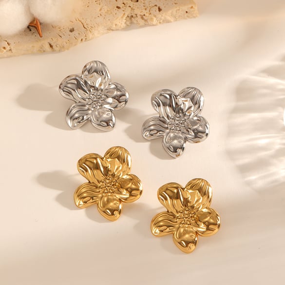 1 Pair Flower Stainless Steel Gold Color Stud Earrings 2