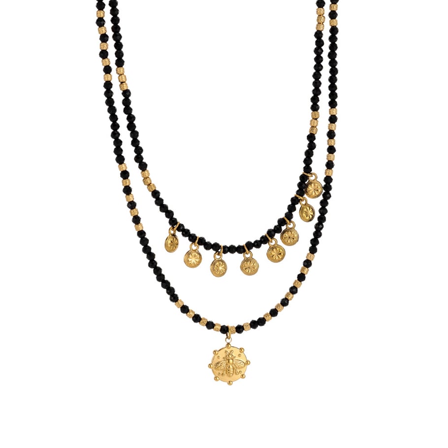 Collar de capas vintage de acero inoxidable con espinela negra y abeja para mujer, 1 pieza