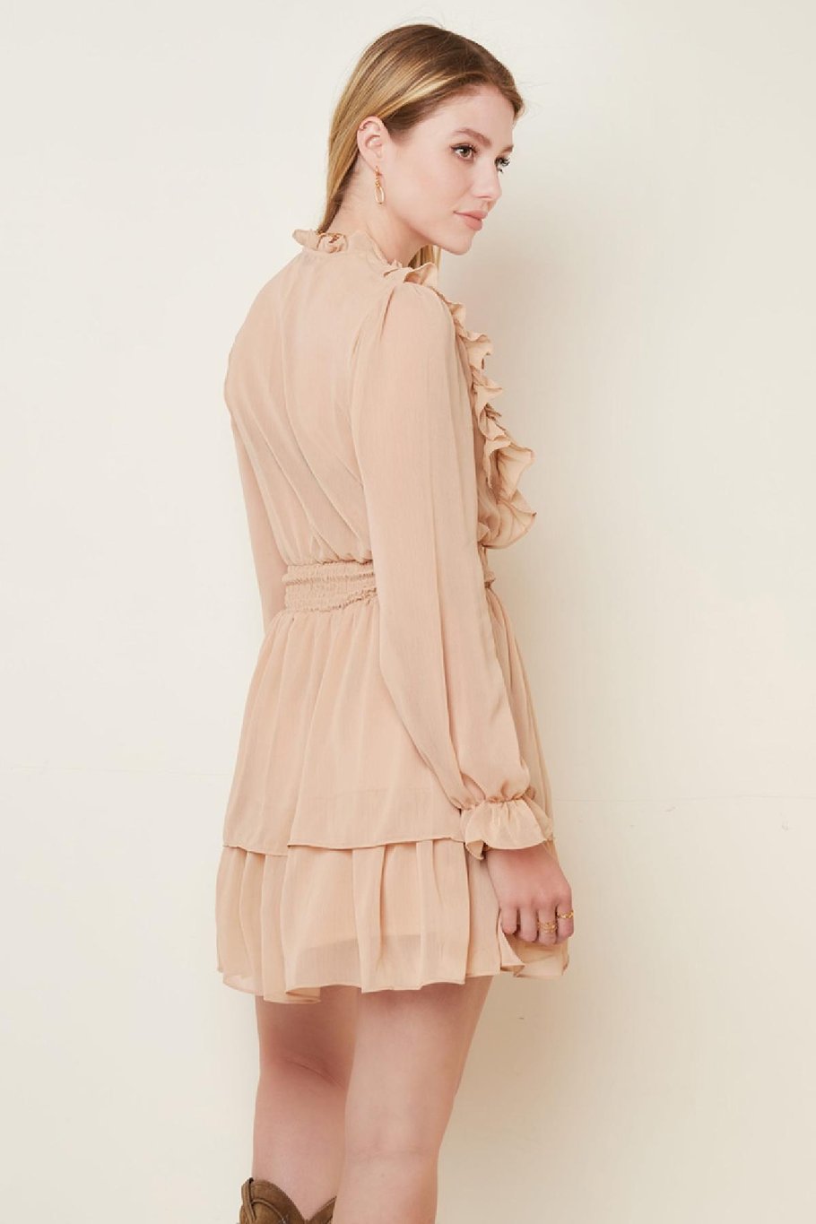 Aangerimpelde jurk met lange mouwen Beige S Afbeelding3