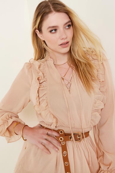 Aangerimpelde jurk met lange mouwen Beige S h5 Afbeelding5