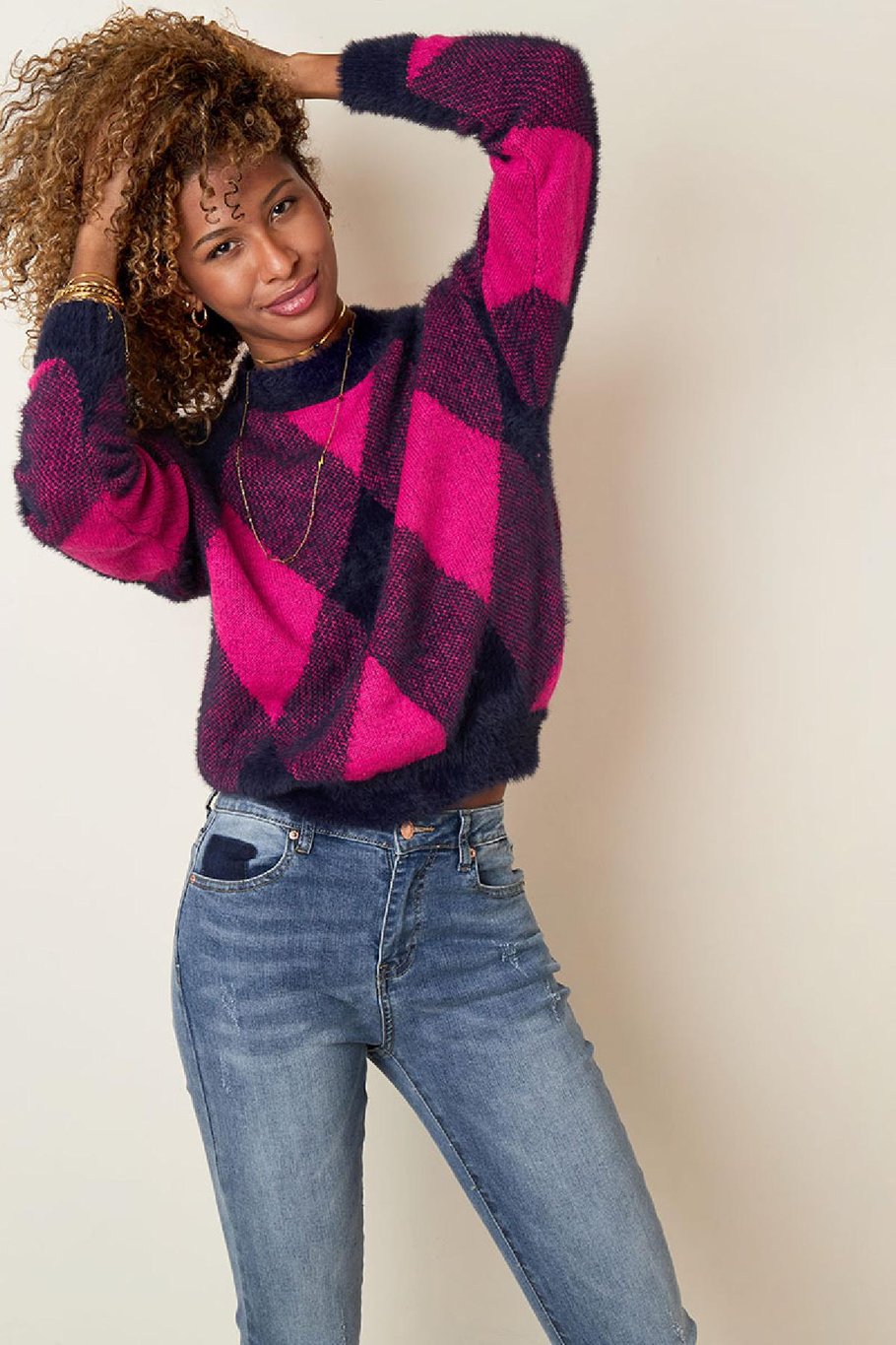 Weicher karierter Pullover Fuchsia S/M Bild4