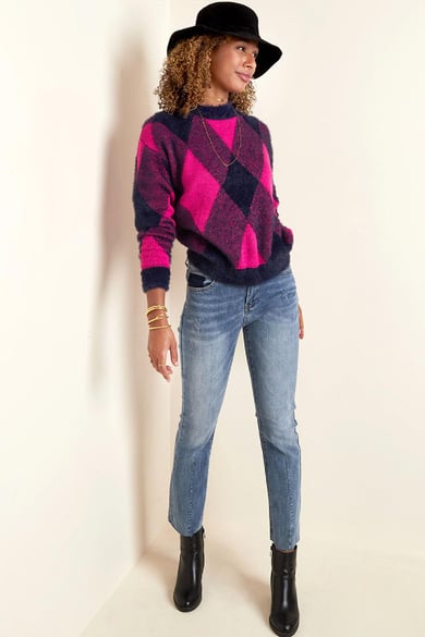 Weicher karierter Pullover Fuchsia S/M h5 Bild5