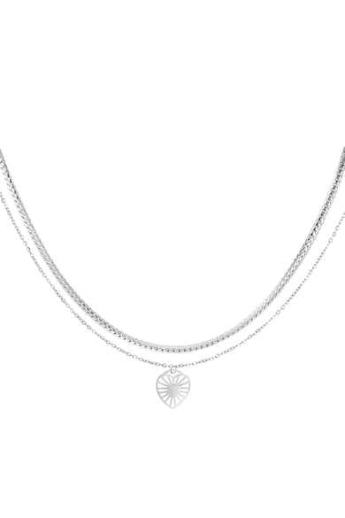 Double Stainless Steel Necklace with Heart Charm Silver color h5
