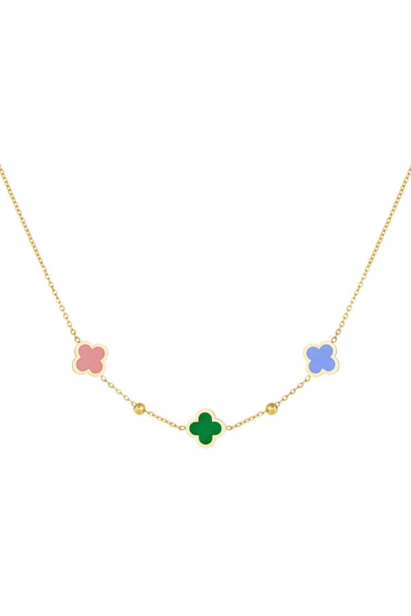 Necklace 3 clovers and small balls Green & Gold Color Stainless Steel