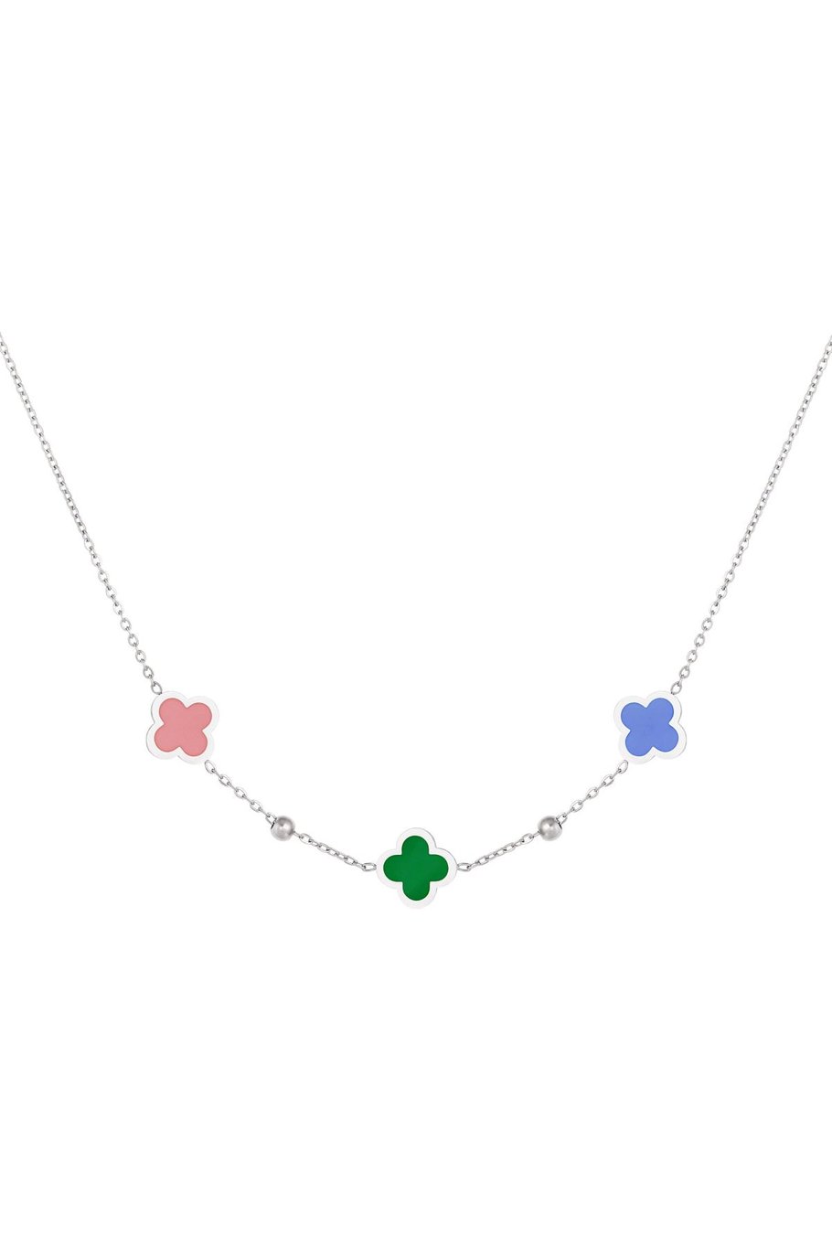 Necklace 3 clovers and small balls Green & Gold Color Stainless Steel