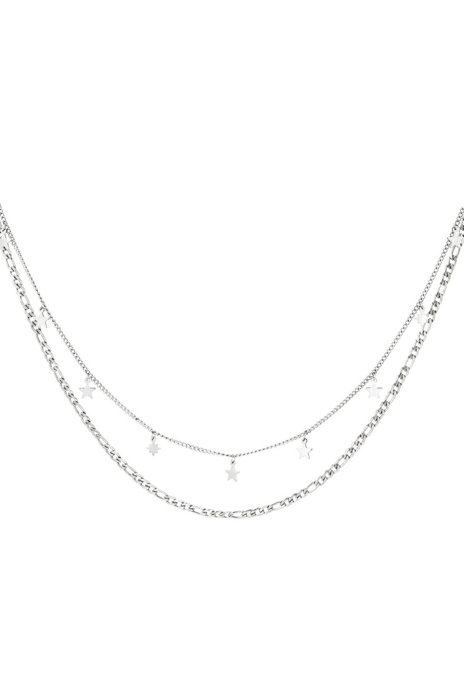 Double Chain Stainless Steel Necklace with Stars Silver color 