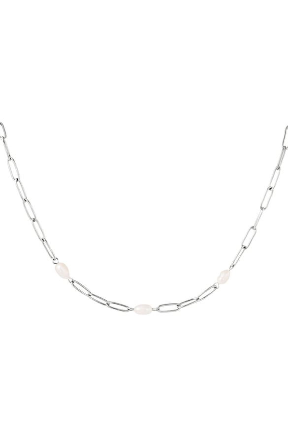 Necklace oval chain with pearl Silver Color Stainless Steel 2