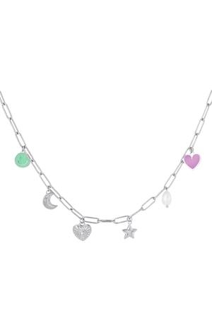 Linked Necklace with six Charms Silver Color Stainless Steel h5 