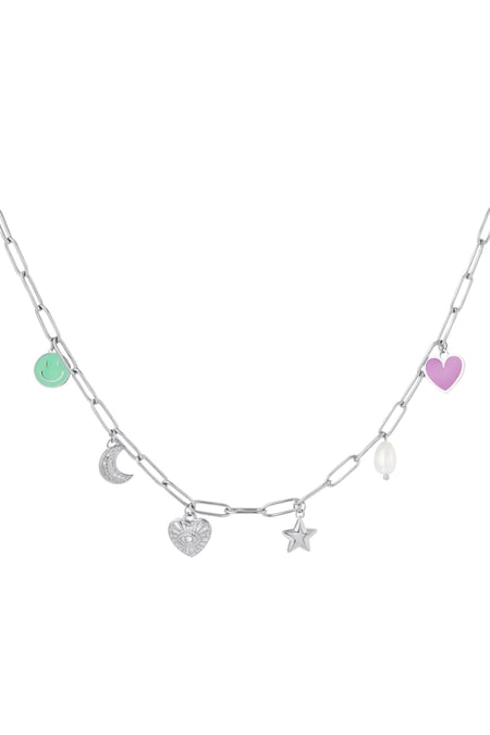 Linked Necklace with six Charms Silver Color Stainless Steel