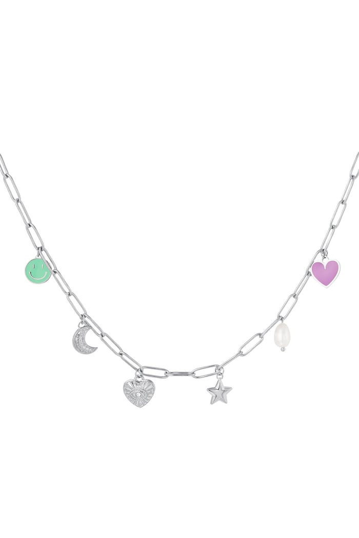 Linked Necklace with six Charms Silver Color Stainless Steel 