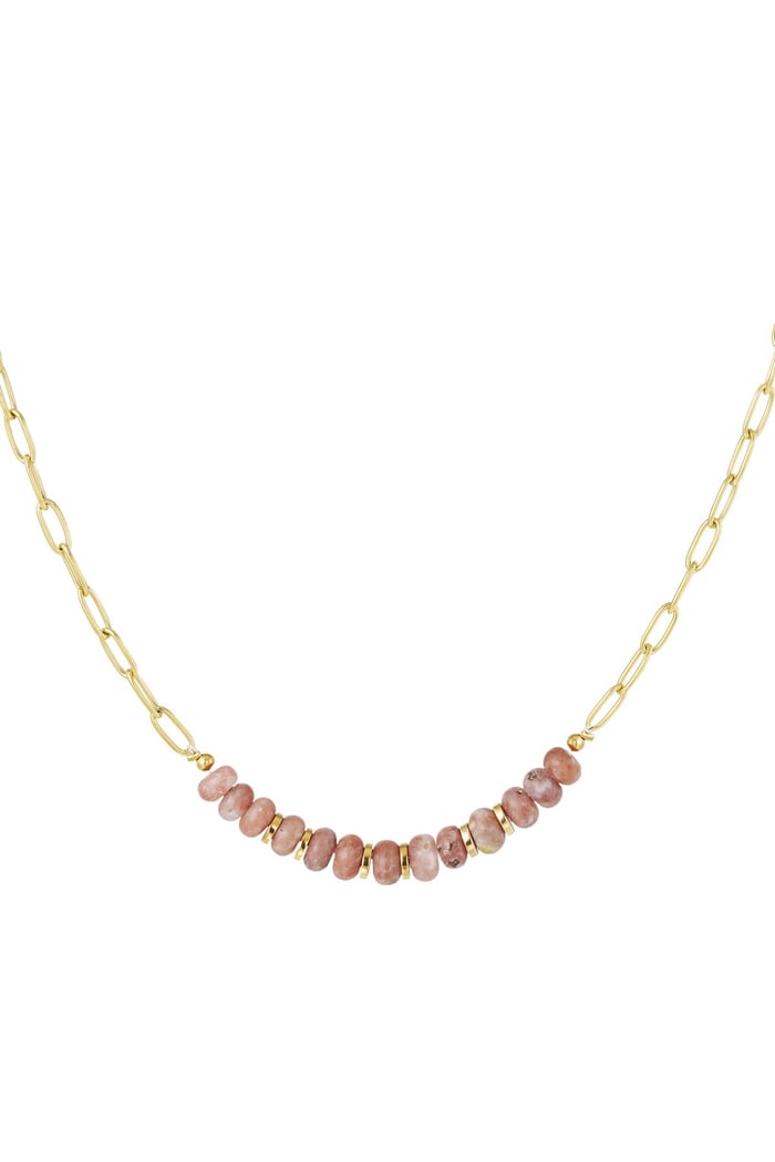 Link chain with stone beads Pink & Gold Color Stainless Steel 