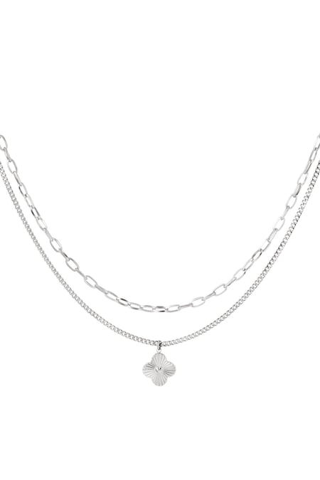 Two layer necklace with flower Silver Color Stainless Steel