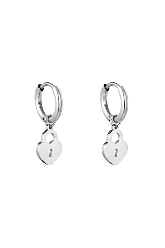 Earrings Locked Heart Silver Color Stainless Steel 