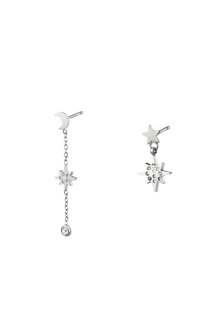 Assymetric Earring Set Moon & Star Silver Color Stainless Steel