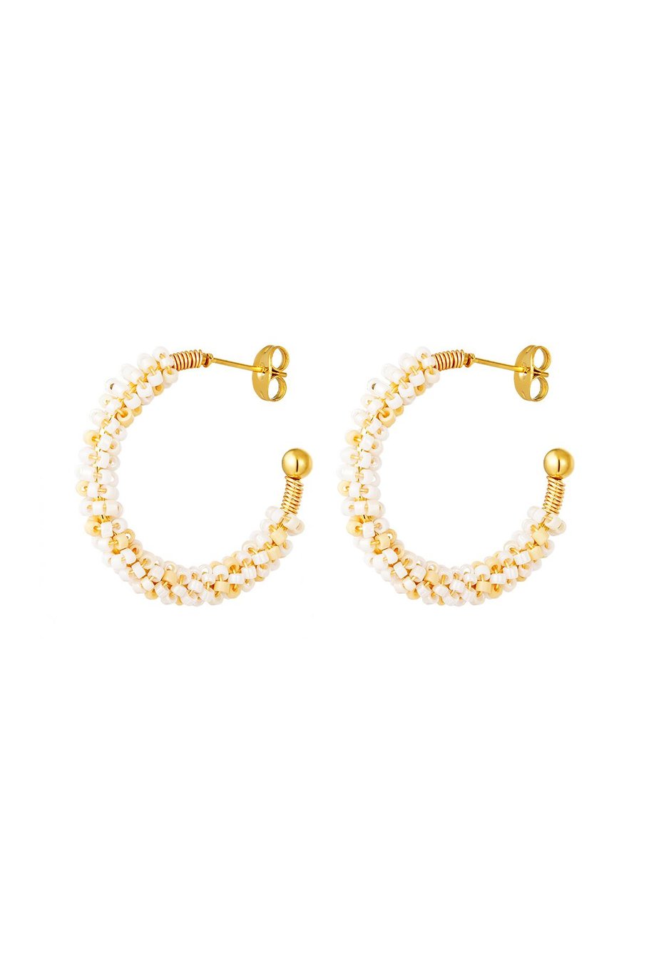 Hoop earrings halfround with colorfull beads Pink Stainless Steel