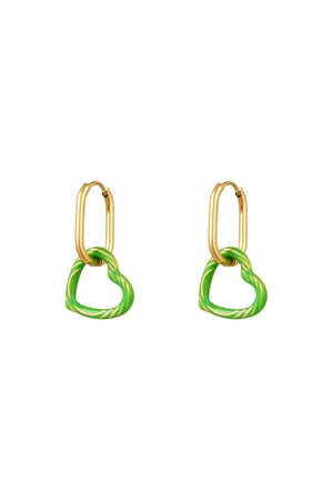 Earrings with mesh printed heart charm Green & Gold Color Stainless Steel h5 