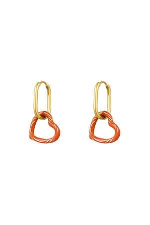 Earrings with mesh printed heart charm Orange & Gold Color Stainless Steel h5 