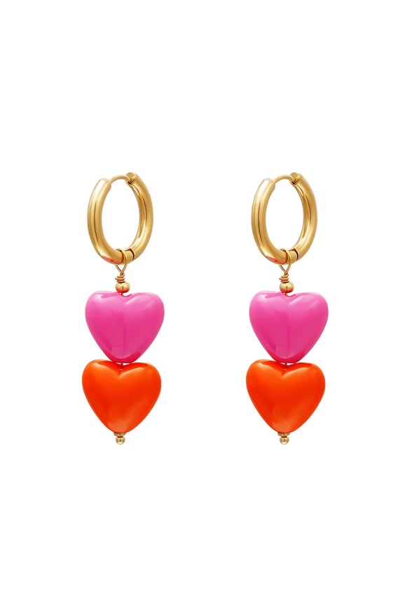 Renkli kalp küpeler - #summergirls koleksiyonu Orange &amp; Gold Stainless Steel