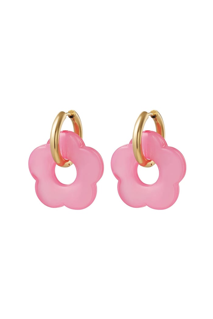 Earrings with big flower charm Pink & Gold Color Stainless Steel 