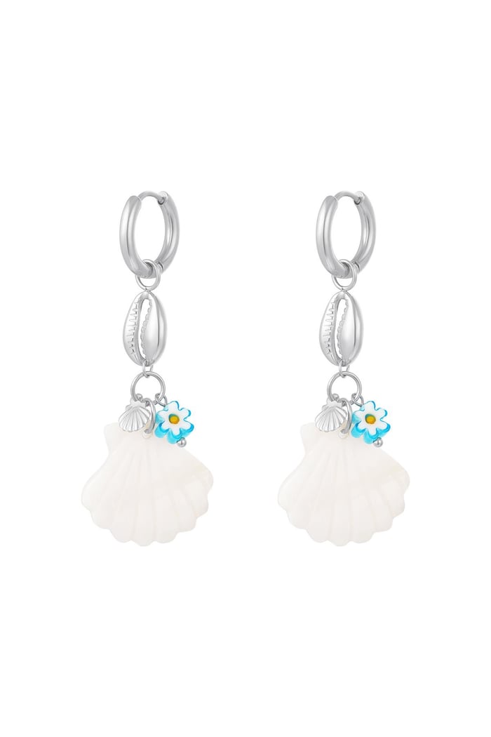 Blue daisy sea shell earrings - Beach collection Silver Color Stainless Steel 