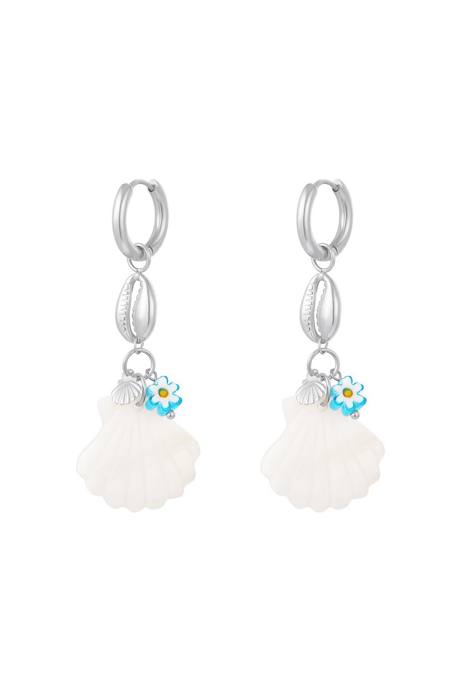 Blaue Gänseblümchen-Muschelohrringe - Strandkollektion Goldfarbe Edelstahl