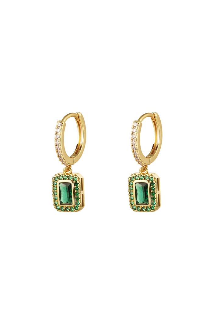 Earrings square with zircon - Sparkle Collection Green & Gold Color Copper 