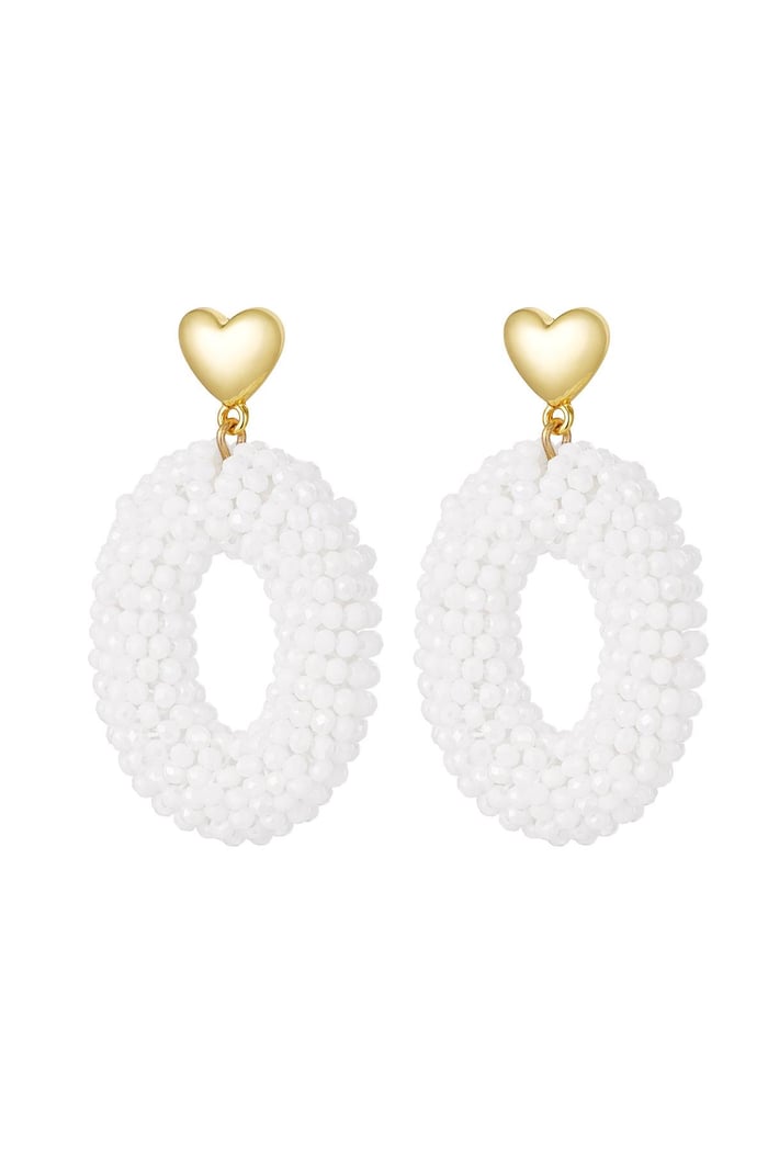 Earrings oval with beads and heart detail White Alloy 