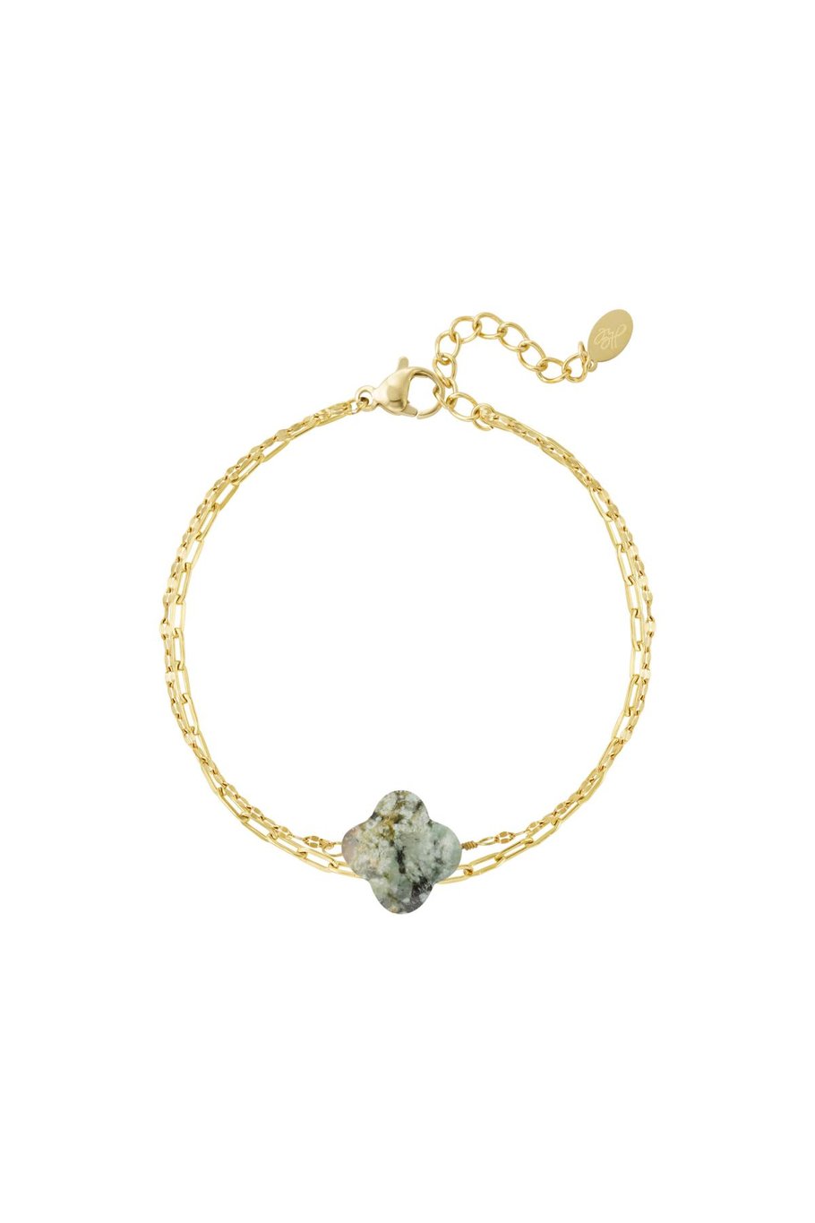 Double bracelet with clover - Natural stones collection Green & Gold Color Stainless Steel 